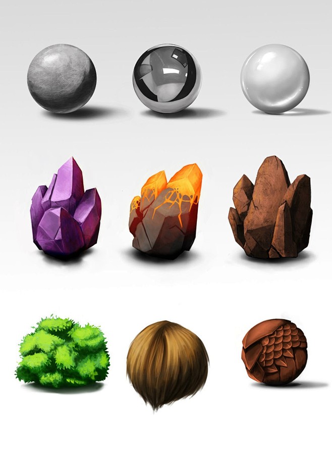 3D材质研究图：金属质感反光球、紫水晶、...