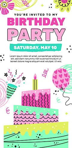 卡通可爱手绘生日派对庆祝海报设计