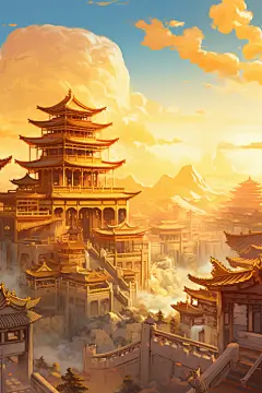 阁楼古风古韵金线城市建筑插画