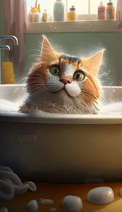 小猫动物浴室洗澡可爱数字作品AI作品数字插画图片_潮国创意