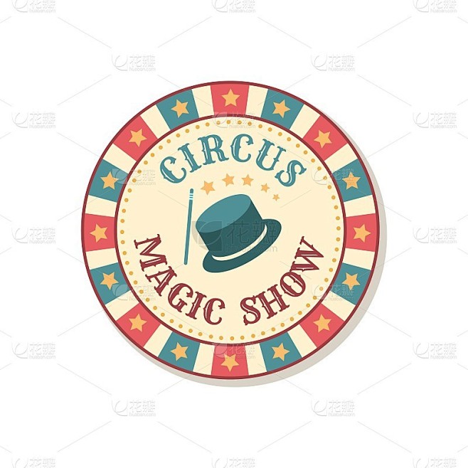 古董马戏团徽章。魔术表演的迹象。魔术师表演标志。复古招牌的设计。嘉年华娱乐。向量娱乐公告贴纸与帽子和