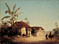 印象派画家卡米耶·毕沙罗油画风景作品《热带地区房屋和棕榈树景观》