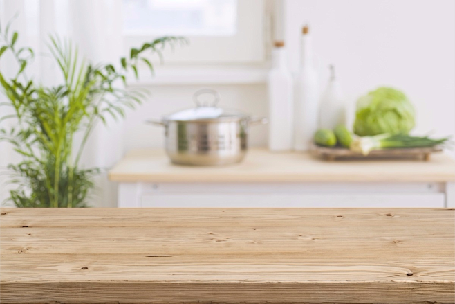 空白图-背景-厨房-木桌-木板-绿叶-盆...