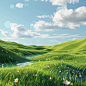 Spring, grass, blue sky, hills, 3D, C4D