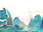 蓝色手绘国潮古风中国风山水山云风景建筑元素PNG素材