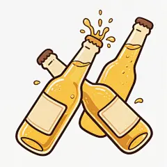 两瓶交叉的啤酒瓶，瓶中金黄色液体荡漾，瓶口有酒液飞溅，瓶身贴有简约标签，整体采用手绘卡通风格，线条流畅圆润，色彩明快鲜亮，以黄色和棕色为主色调，背景为纯白色，画面充满轻松活泼的氛围，无文字信息，强调啤酒瓶的立体感和动态感。