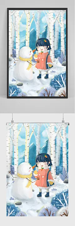 精品在白桦林中堆雪人的女孩插画设计