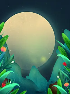 月夜春天森林插画背景