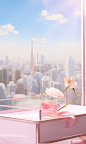 a pink box with flowers in it,with white curtains,in the style of grandiose cityscape views, anime inspired, glass as material, soft and dreamy atmosphere, spectacular backdrops, playful details, spatial concept