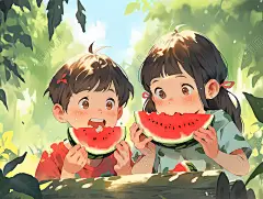 夏天皮克斯风格儿童坐着吃西瓜的卡通插画背景图片下载 - 觅知网