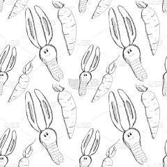无缝的矢量模式。可爱的背景与手绘兔子和胡萝卜。系列的卡通，涂鸦，素描和涂鸦无缝矢量模式。