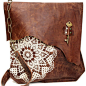 Boho Leather Messenger Bag with Crochet Lace & Antique Key - XL Deluxe MADE to ORDER