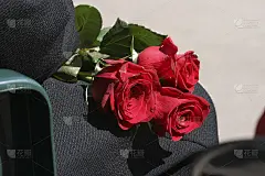 5月9日，一名退伍军人为纪念胜利日向一位妇女献上一束红玫瑰