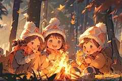 孩春游笑脸儿童露营插画图片