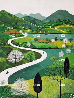 中国夏季风景，曲线线条流畅，色彩极其鲜艳，对比度高，白色背景