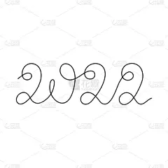 2022字，一行艺术，连续轮廓。手写书法装饰，新春元素。用于节日贺卡，海报，横幅，日历，打印