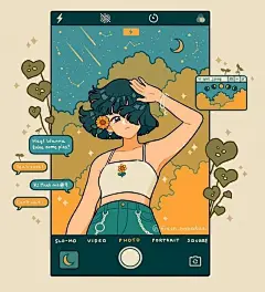 黄绿双色配色，温馨治愈的简单风插画