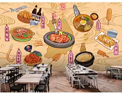 手绘韩国特色美食墙纸 餐厅客厅韩式小吃料理店寿司店烤肉店壁纸-淘宝网
