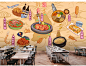 手绘韩国特色美食墙纸 餐厅客厅韩式小吃料理店寿司店烤肉店壁纸-淘宝网