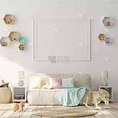 模拟海报，墙在儿童卧室室内背景，斯堪的纳维亚风格