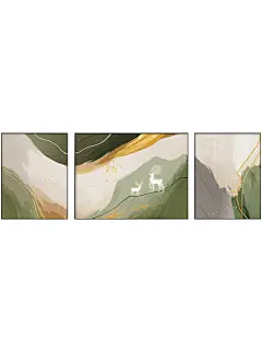 侘寂风客厅装饰画招财麋鹿绿色系三联挂画沙发背景墙抽象大气壁画-tmall.com天猫