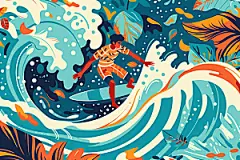 扁平风冲浪夏季玩水插画
