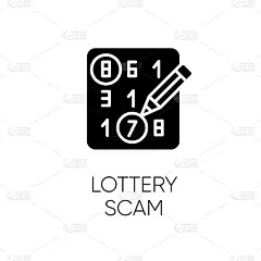 彩票诈骗字形图标。贷款手续费诈骗。Scratch-and-win晋升。彩票比赛。奖的欺骗。赌博。提前