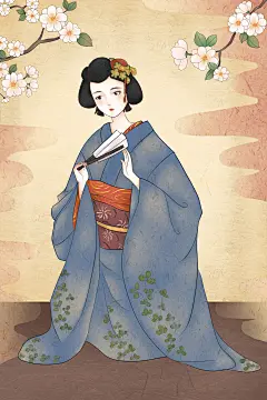日本浮世绘女性PSD设计素材日式和风手绘插画和服海报图案装饰画【源文件可下载】
