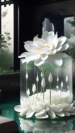 唯美治愈中国风创意清新水培莲花数字艺术插画
