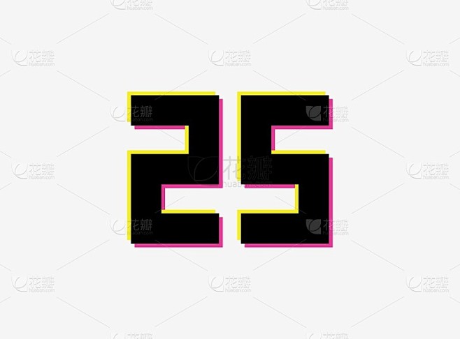 数字25矢量设计标志。动态，分裂颜色，数字的阴影粉红色和黄色的白色背景。社交媒体，设计元素，创意海报