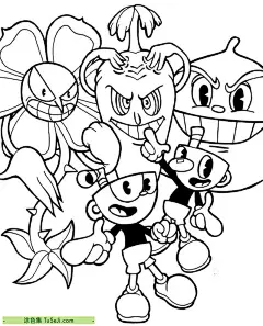 10张电子游戏《Cuphead》拥有红色和蓝色的头部的卡通角色涂色图片！ | 涂色集，涂色画打印大图 : Cuphead是一款2D单机游戏，由Studio MDHR开发和发行。游戏主角是Cuphead和他的兄弟Mugman，他们是一对杯子头的兄弟，分别拥有红色和蓝色的头部。在游戏中，玩家将控制Cuphead和Mugman，穿越一系列充满危险的关 10张电子游戏《Cuphead》拥有红色和蓝色的头部的卡通角色涂色图片！