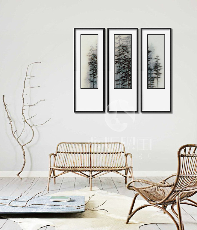 松树 现代中式组合挂画有框客厅竖版三联画...