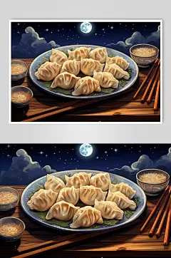AI数字艺术冬至包饺子手绘插画