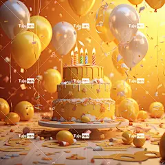 生日派对、生日蛋糕、气球、欢乐气氛、黄色基调、迪士尼风格海报