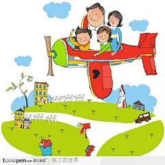 坐在飞机上飞行的一家人