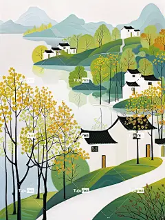 中国夏季风景，曲线线条流畅，色彩极其鲜艳，对比度高，白色背景