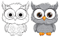 Cute cartoon owls in monochrome and color