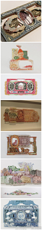 【创意钞票拼贴艺术】钞票是一个国家形象的缩影，你能从中了解到每个国家的民族英雄人物、传统艺术、地标性建筑和其他民族独特的风土人情等等。巴西艺术家Rodrigo Torres利用钞票创作出了许多美丽的拼贴艺术作品，艺术家超凡脱俗的创意让这些纸币重新获得了立体而鲜活的生命力。