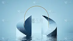3d渲染，抽象蜡笔蓝色背景。简约的装饰艺术展示，现代场景与产品展示的弯曲楼梯，与水中的倒影
