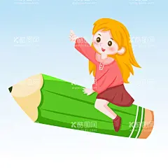 坐铅笔上的女孩  - 源文件下载【酷图网】开学季,手绘,卡通女孩,铅笔,女孩子