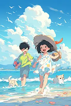 学生放暑假旅游漫画风插画