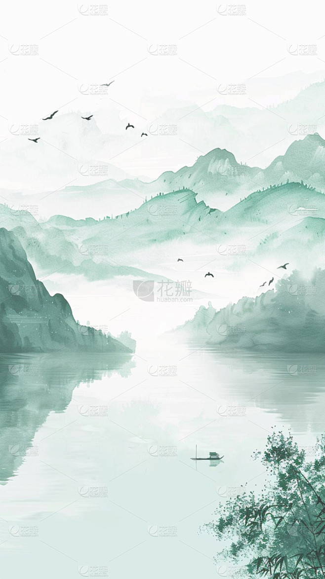 中国风通用春绿色古风山水云雾意境竖版图片素材