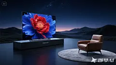 海信电视场景图，地平线视角，远景地平线上是极矮的山，巨大的液晶电视放在展台上，一朵金属的红蓝色的盛开花朵电视壁纸，展台放在地面上，深色地面，电视整体在画面最右侧，夜晚，突出电视，星空，单人皮质座椅，大