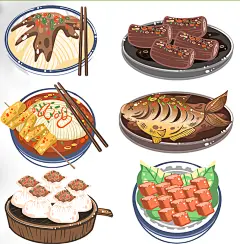 热干面武昌鱼鸭脖武汉特色美食元素插画