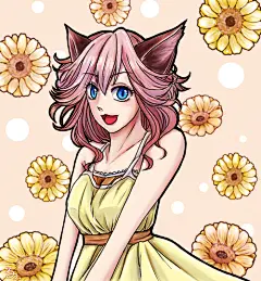 #オリジナル 猫耳 - るの的插画 - pixiv : マギカロギアで作ったキャラ。ケットシーの秋津 琳（あきつ りん）です！夏っぽくひまわりを散らしてみましたー！！