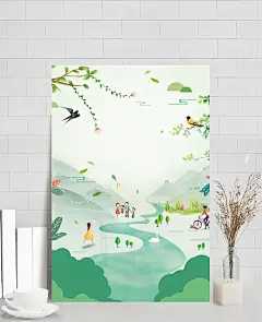 手绘春天踏青插画风景海报|春天,插画,手绘,春季,春暖花开,绿叶,人物,草地,春分,节气