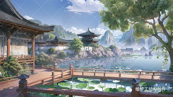 【绘梦工坊】AI绘画古风室外场景《逸庭》-花瓣网