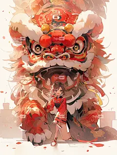 舞狮少年水彩插画喜庆海报