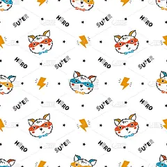 超级英雄无缝模式的孩子与滑稽可爱的狐狸或浣熊在面具。色彩丰富的儿童矢量插图背景。生日打印，苗圃壁纸