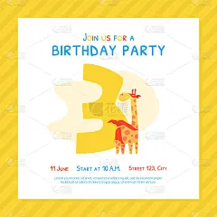 快乐的三岁生日邀请卡模板，生日纪念日数字与可爱的长颈鹿动物卡通矢量插图